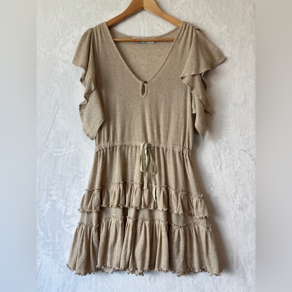 Free People Beach womens tan natural tiered casual Harper Mini Dress size small - Picture 2 of 12